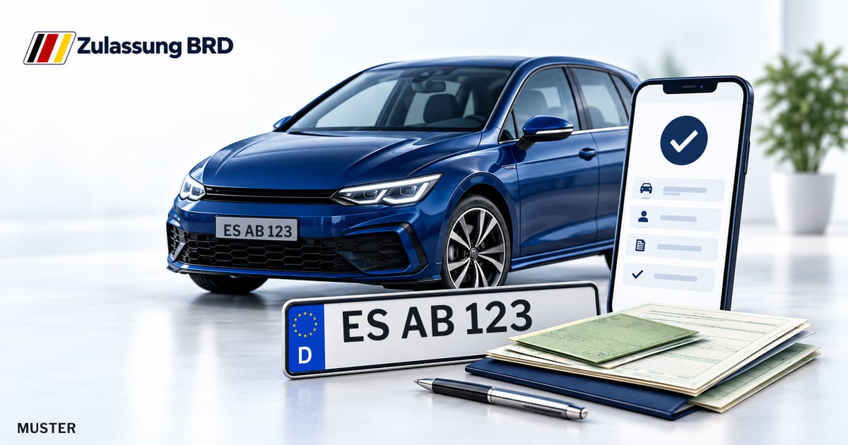 Online Fahrzeugzulassung in Nürtingen: Musterkennzeichen ES AB 123, Auto und Fahrzeugpapiere und Smartphone. Illustration mit Logo von Zulassung BRD.